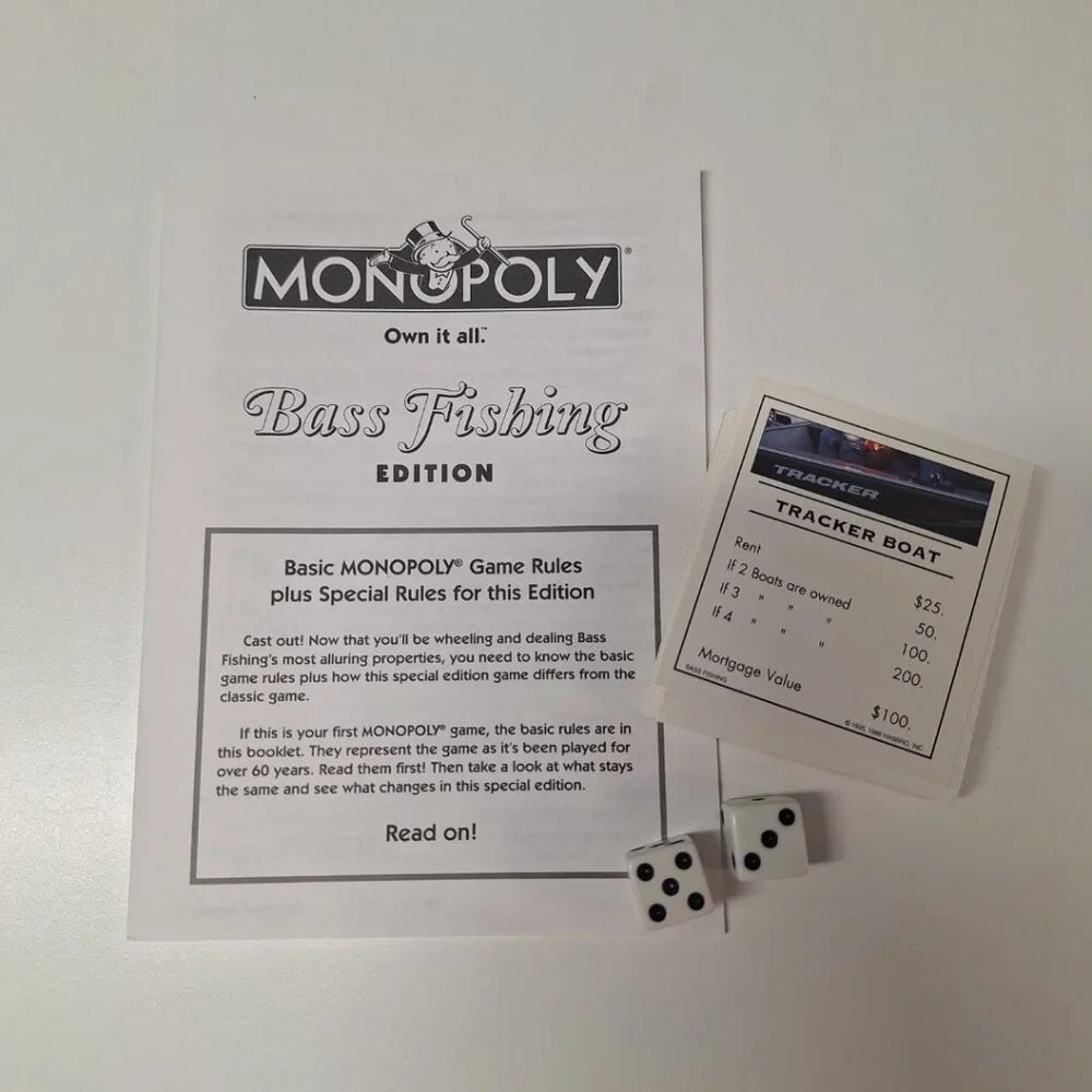 1998 Bass Fishing Monopoly Game Replacement Pieces  Vintage Property‎ Deeds Dice